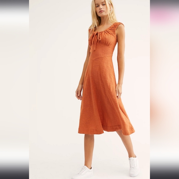 Brand New Free People Lotti Burnt Orange Woven Cotton Midi Dress - Picture 1 of 16